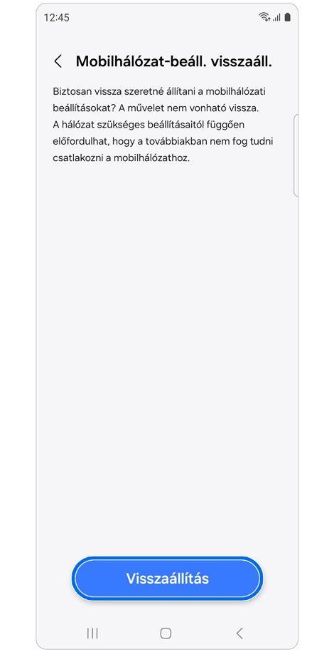 A Mobilhálózat-beáll. visszaáll. képernyő.