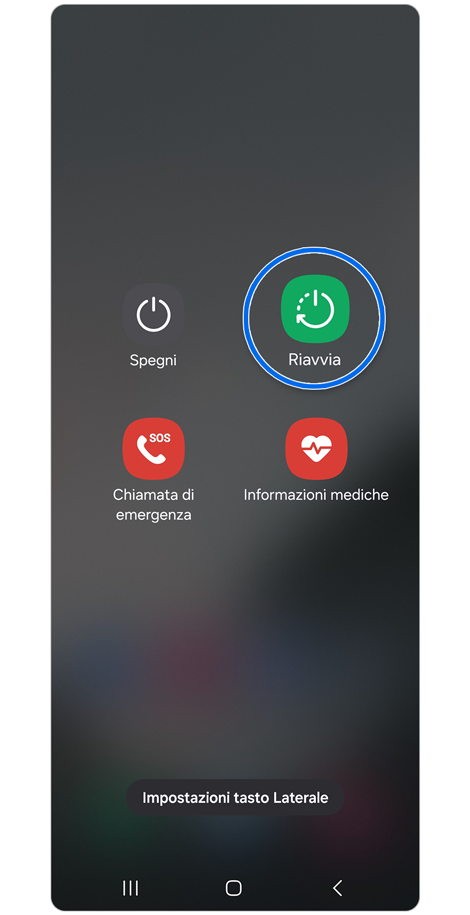 Schermata delle opzioni di alimentazione con il gesto di pressione dei tasti volume giù e accensione