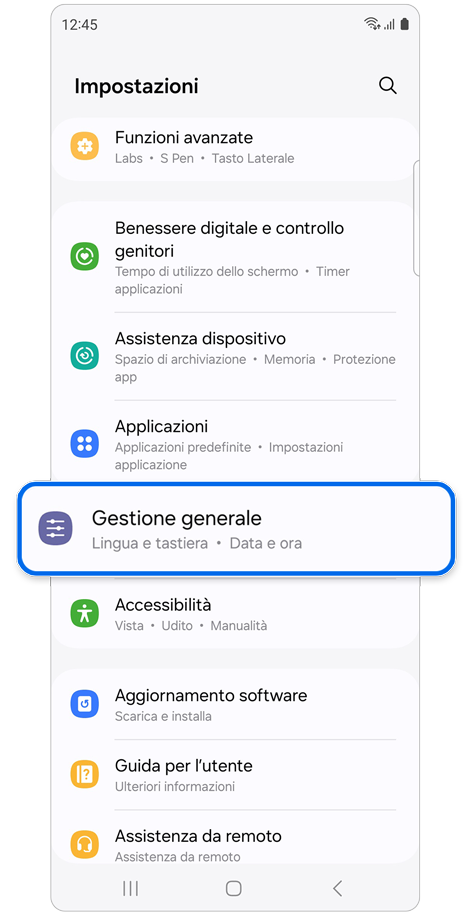 Schermata principale di Impostazioni.
