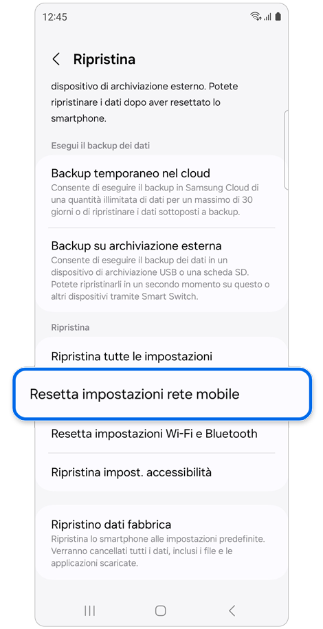 Opzioni della schermata Ripristina.