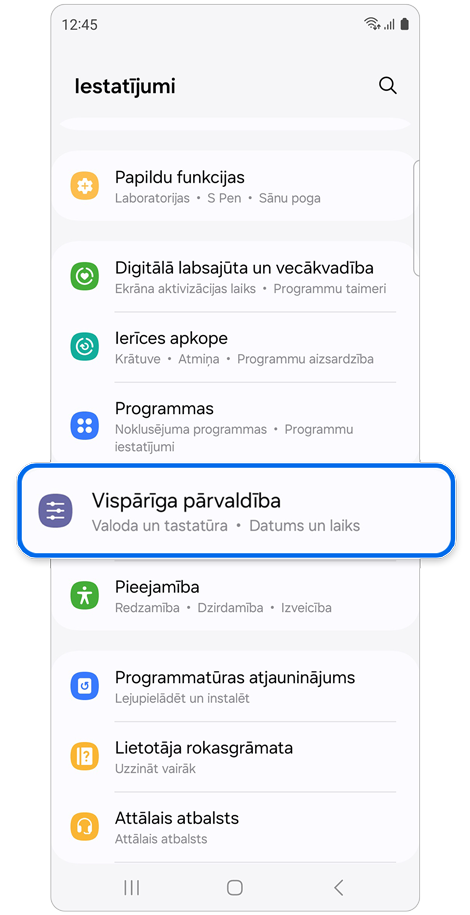 Iestatījumu sadaļas sākuma ekrāns.
