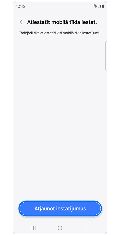 Mobilā tīkla atiestatīšanas iestatījumu ekrāns.