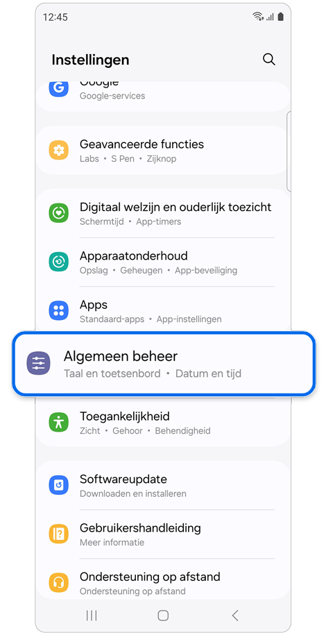 Instellingen startscherm.
