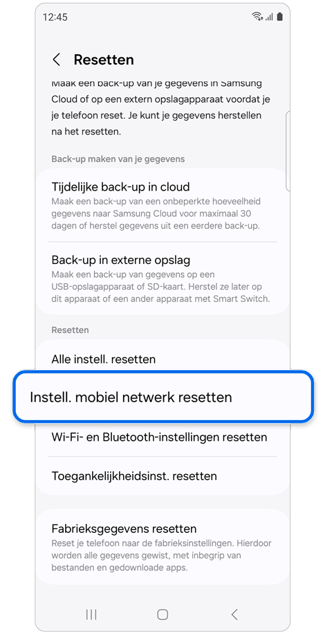 Optiescherm resetten.