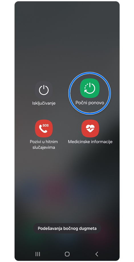 Ekran opcija napajanja sa pokretom pritiska na dugme za smanjivanje jačine zvuka i dugme za napajanje