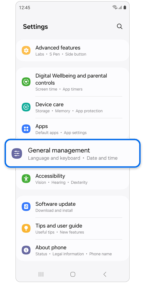 Settings home screen.