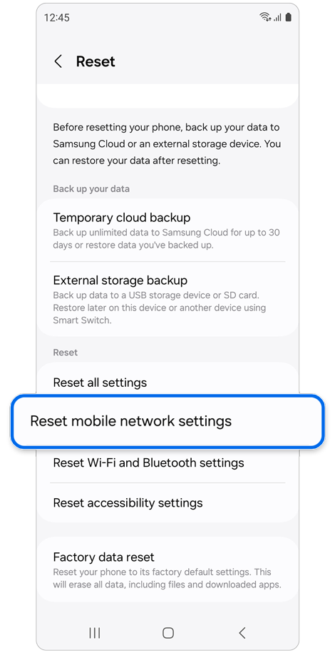 Reset options screen.