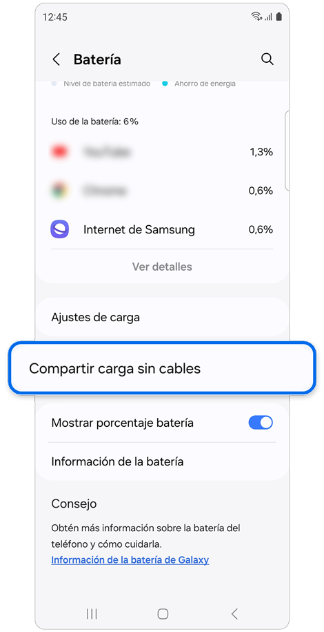 Pantalla de ajustes de la batería