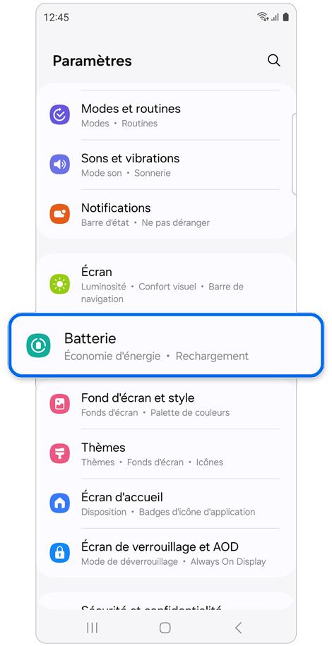 Écran du menu des paramètres d’un Samsung Galaxy
