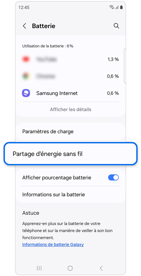 Écran du menu Batterie d’un Samsung Galaxy