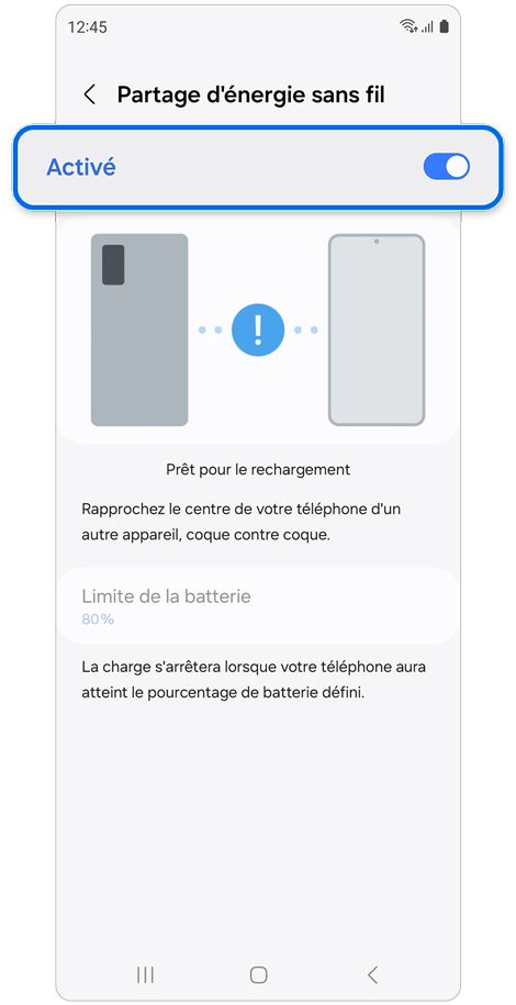 Écran du menu de partage d'énergie sans fil d’un Samsung Galaxy