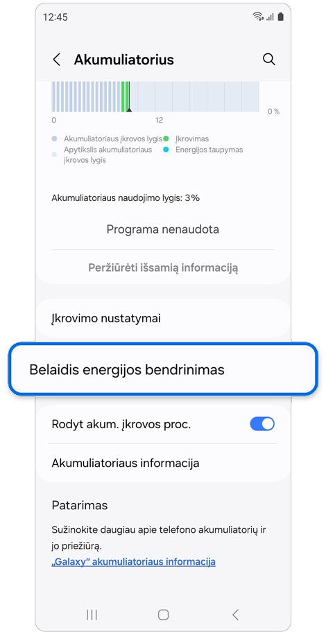 Akumuliatoriaus nustatymų ekranas