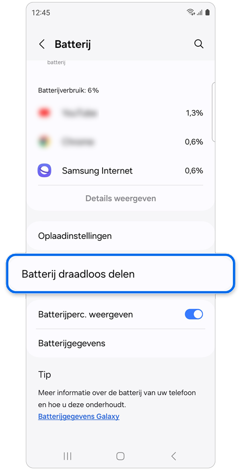 Scherm instellingen Batterij