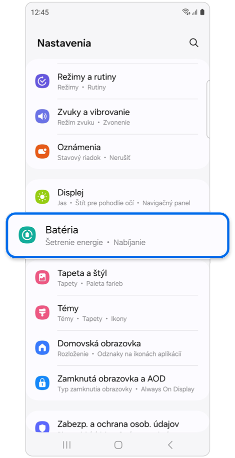 Domovská obrazovka funkcie Nastavenia