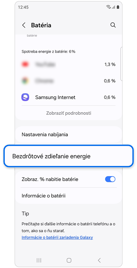 Obrazovka nastavení funkcie Batéria
