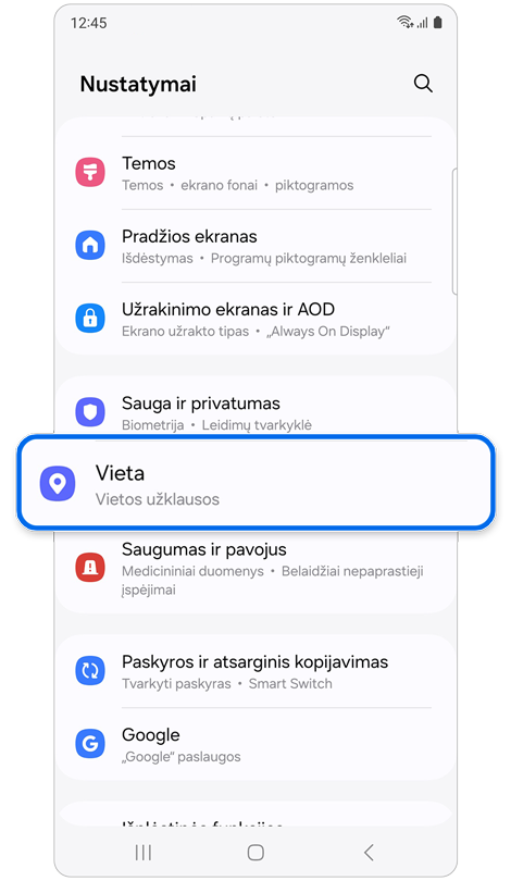 Nustatymų pradžios ekranas