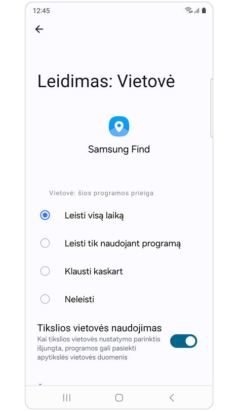 „Samsung Find“ ekranas „Leidimas: Vietovė“