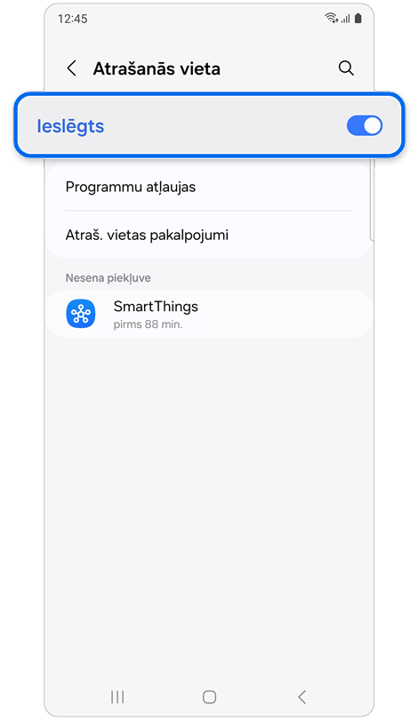 Funkcijas Atrašanās vieta ekrāns