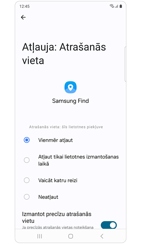 Samsung Find ekrāns Atļauja: Atrašanās vieta