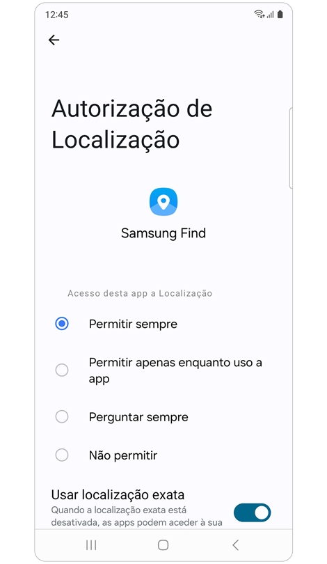 Ecrã Autorização de Localização para a aplicação Samsung Find