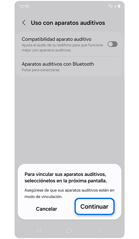 Ventana emergente para instrucciones de emparejamiento de aparato auditivo