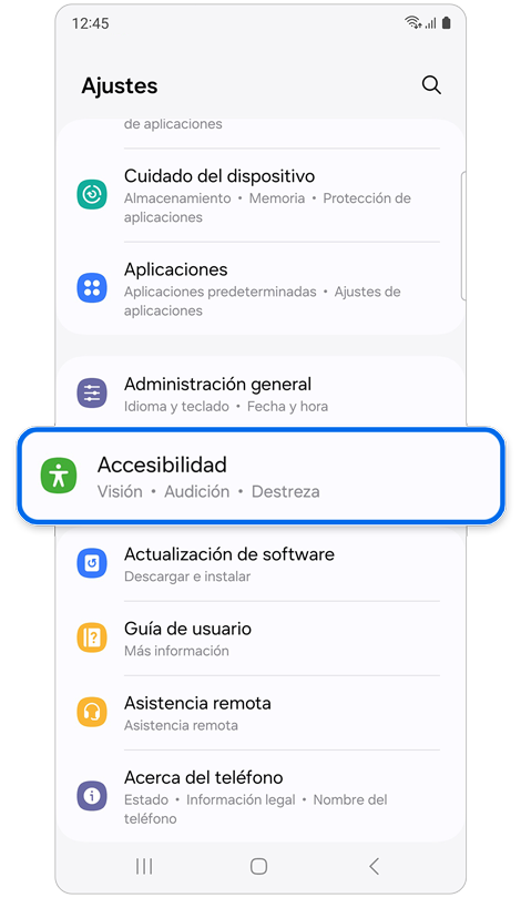 Pantalla de inicio de ajustes