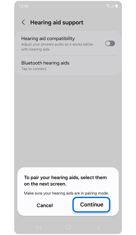 Hearing aid pairing instructions popup window