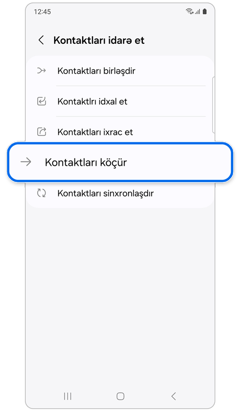 Kontaktları idarə et bölməsində seçimlərin siyahısı
