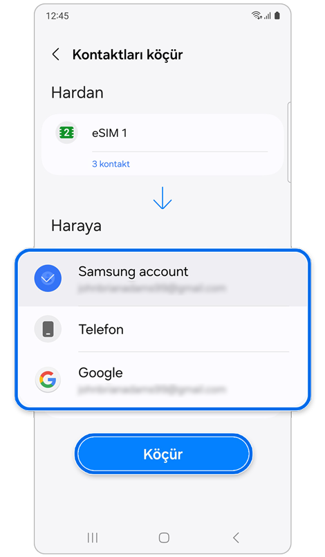 Seçilmiş kontaktların köçürüləcəyi yerlərin siyahısı