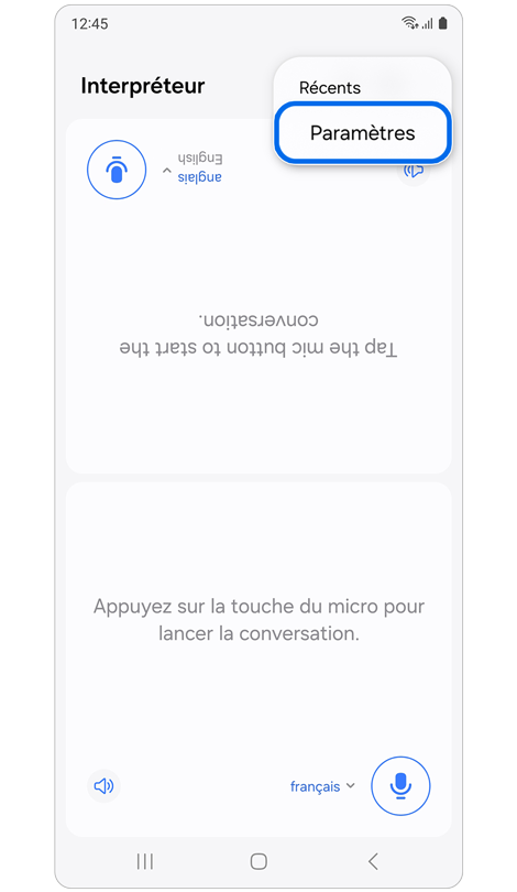 Menu des options supplémentaires dans l'application Interpréteur