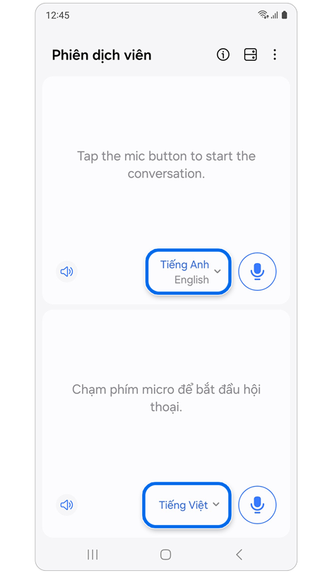 Màn hình chính của ứng dụng Phiên dịch viên