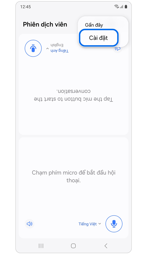 Tùy chọn Gần đây và Cài đặt trong Phiên dịch viên