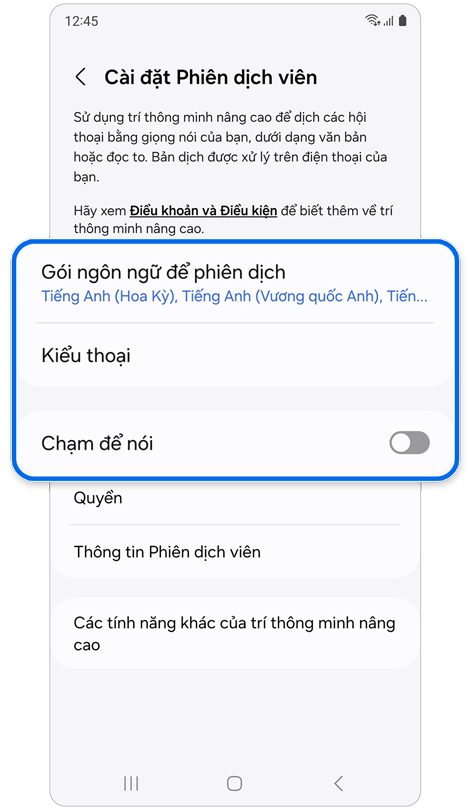 Màn hình cài đặt Phiên dịch viên