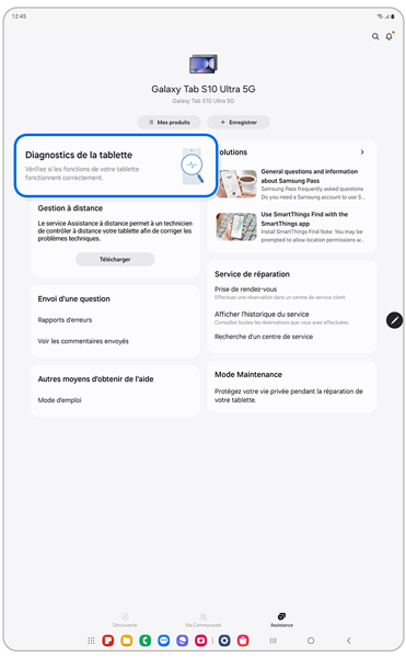 Écran d'accueil du menu assistance de l'application Samsung Members