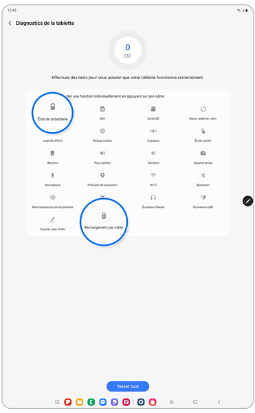 Écran de diagnostic de la tablette dans l’application Samsung Members