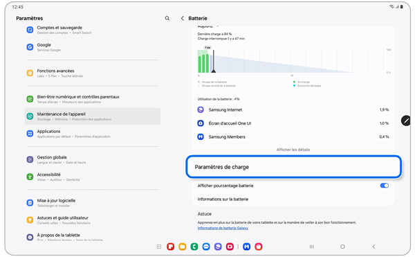 Écran du menu Batterie d’un Samsung Galaxy