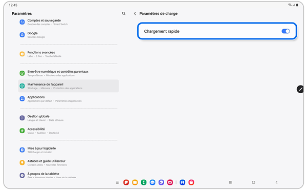 Écran du menu des paramètres de charge d’un Samsung Galaxy