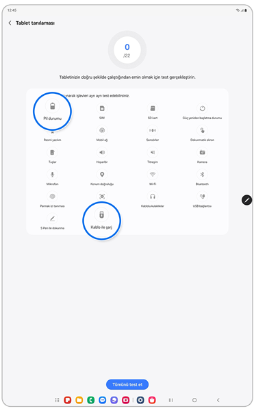 Tablet tanılaması ekranı
