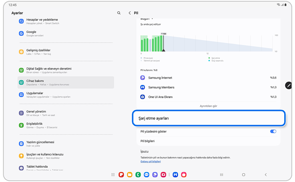Pil ayarları ekranı