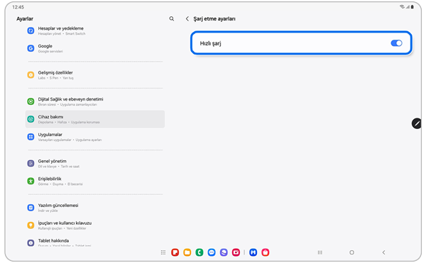 Şarj ayarları ekranı
