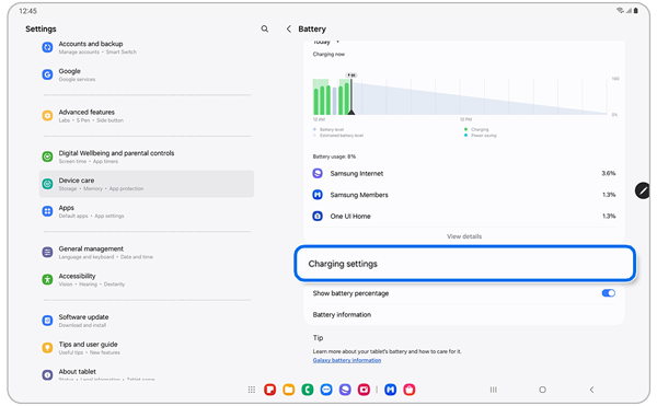 Battery setting screen