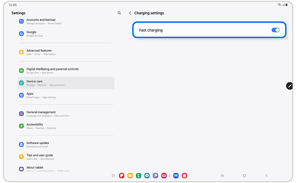 Charging settings screen