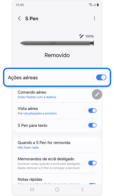 Ecrã de definições da S Pen
