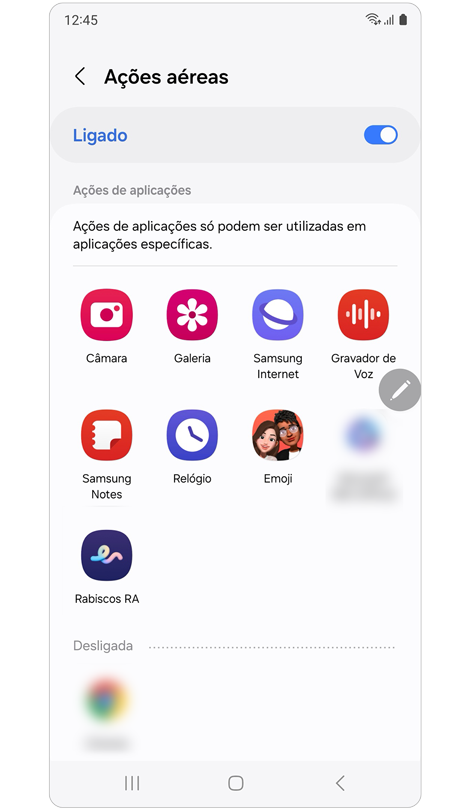 Ecrã de definições de ações aéreas