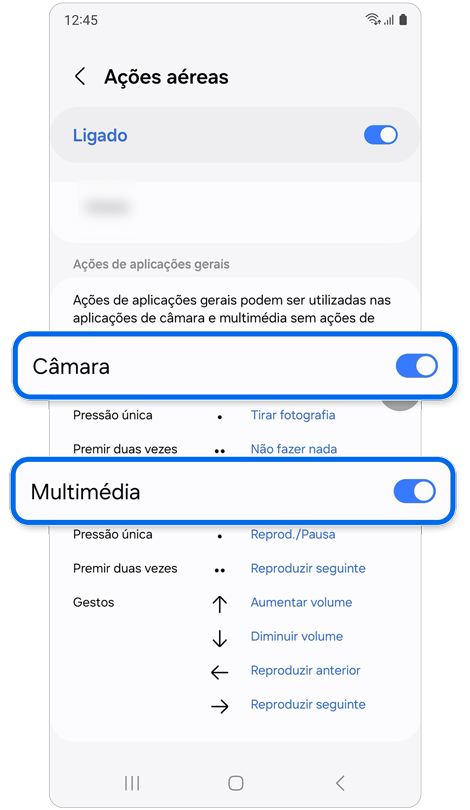 Ecrã de definições de ações aéreas