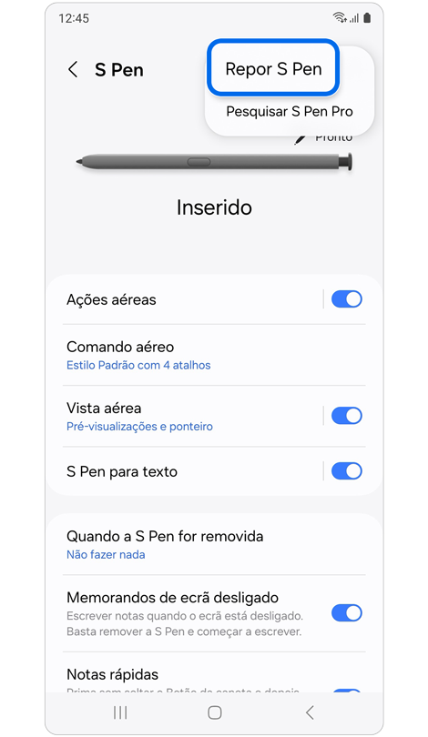 Ecrã de definições da S Pen para reiniciar a S Pen do Galaxy