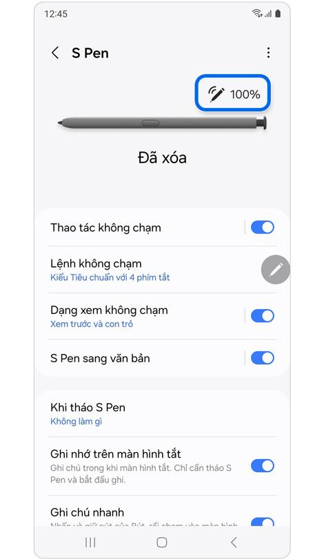 Màn hình cài đặt S Pen kèm theo mức pin