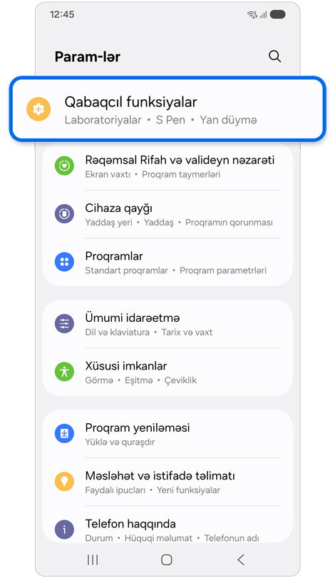 Parametrlər əsas ekranı.