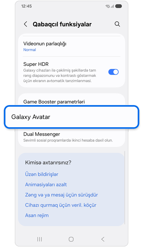 Qabaqcıl funksiyalar ekranı.
