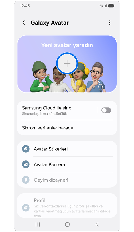 Galaxy Avatar özəlliyi ekranı.